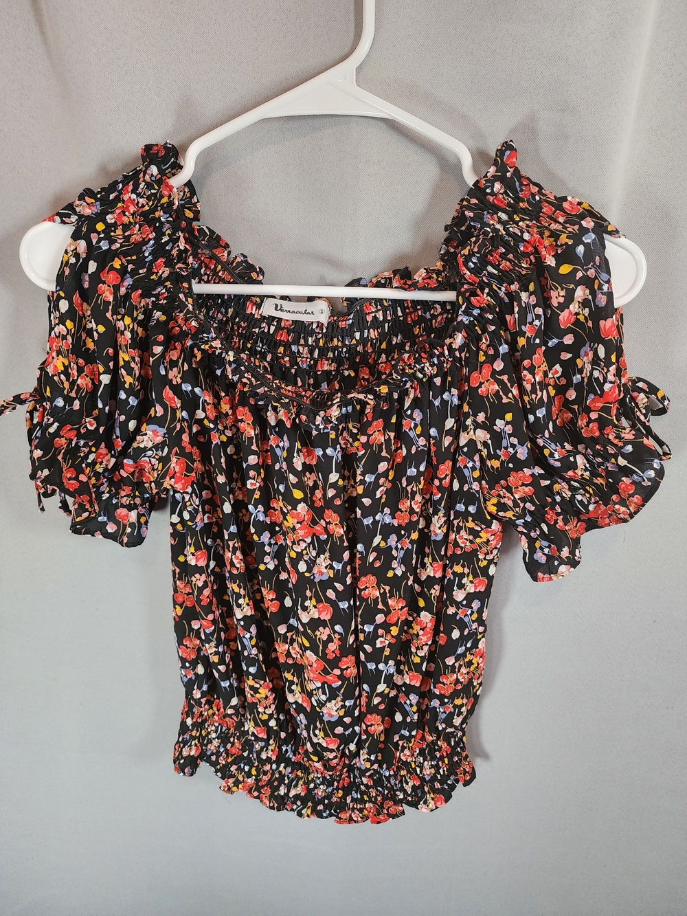 Smocked Floral Off-Shoulder Blouse in Black